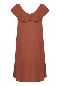 Roestkleurige jurk met een geplooide halslijn, lichtgewicht stof, knielange snit en een relaxte pasvorm, geschikt voor casual gebruik.