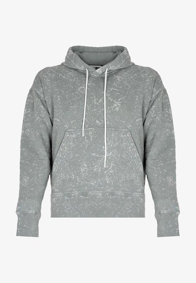 Light gray hoodie made of textured fabric featuring a subtle pattern, front pouch pocket, and white drawstrings at the hood.