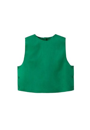 Green sleeveless cropped vest with round neckline and side button closures, displayed against a white background.