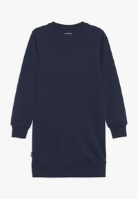 Námořnická modrá, dlouhá mikinová šaty s manžetami a lemem s žebrováním. Obsahuje malou nálepku s logem na spodní levé straně. Měkká, strukturovaná tkanina.