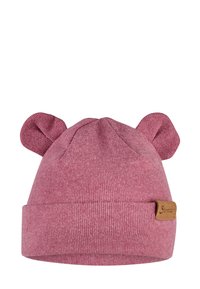 Pink ribbed knit beanie with bear ears. Features a folded cuff and a small leather label on the side. Soft texture, rounded shape.