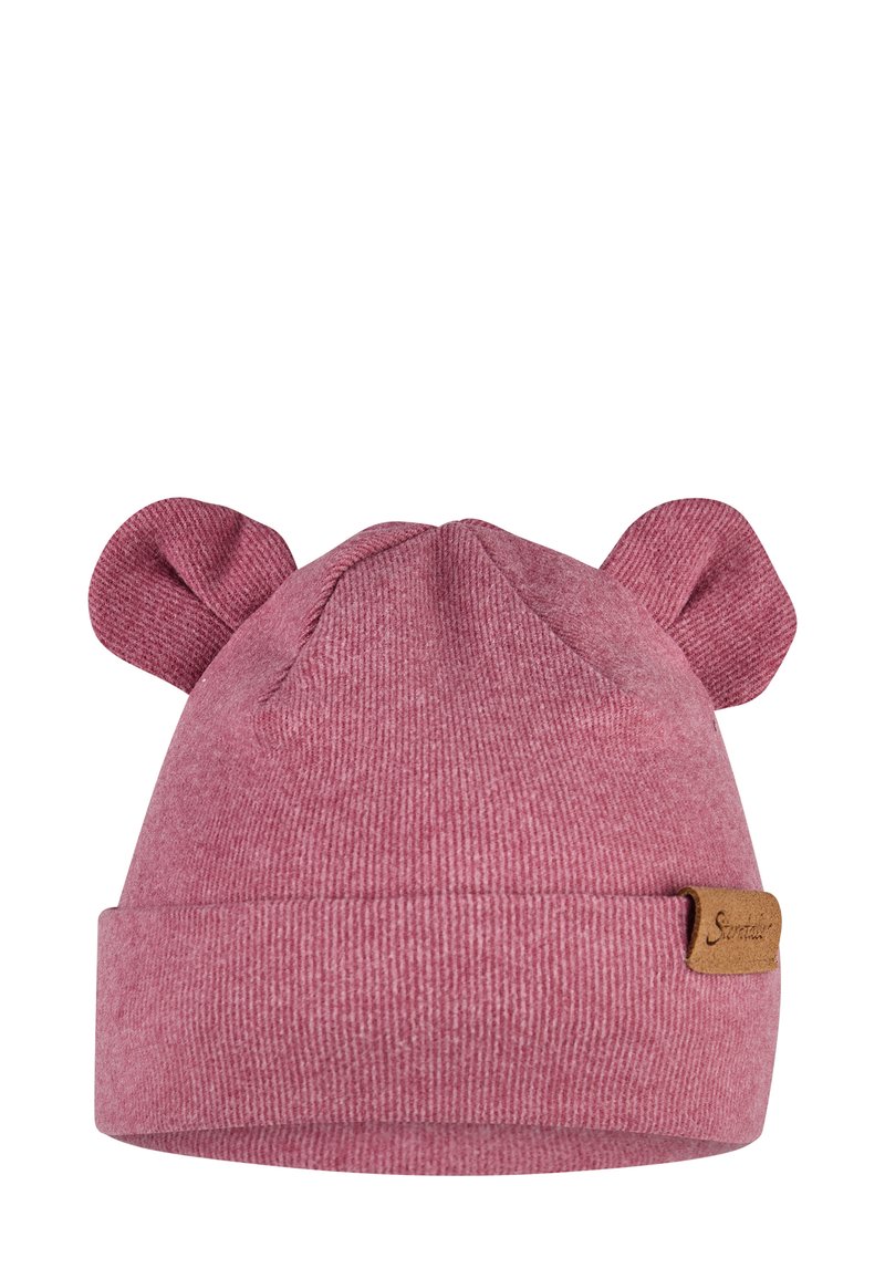 Pink ribbed knit beanie with bear ears. Features a folded cuff and a small leather label on the side. Soft texture, rounded shape.