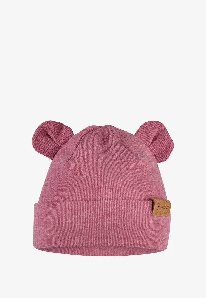Pink ribbed knit beanie with bear ears. Features a folded cuff and a small leather label on the side. Soft texture, rounded shape.