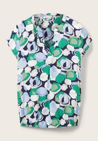 Blouse à manches courtes avec col en V, ourlet élastique et motif circulaire abstrait aux couleurs vert, bleu, marine et blanc.