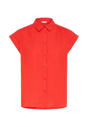 Camicia rossa a maniche corte con collo classico e chiusura a bottoni, realizzata in tessuto leggero con una sottile texture e orlo curvo.