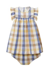 Robe pour bébé à carreaux pastel vérifiés avec des manches ruffles et un culotte assortie dans des tons de bleu, jaune, beige et blanc.