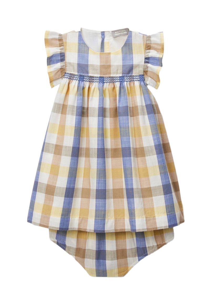 Robe pour bébé à carreaux pastel vérifiés avec des manches ruffles et un culotte assortie dans des tons de bleu, jaune, beige et blanc.