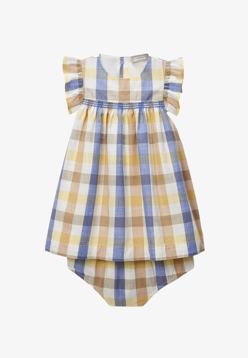 Robe pour bébé à carreaux pastel vérifiés avec des manches ruffles et un culotte assortie dans des tons de bleu, jaune, beige et blanc.