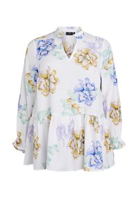 Biela blúzka s dlhými rukávmi a nariadeným peplum lemom. Má farebné kvetinové vzory v modrej, žltej a zelenej farbe. V-čkový výstrih. Ľahký materiál.