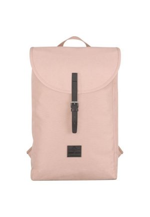 Light pink backpack with a rounded flap, black buckle and strap closure, textured fabric, and a rectangular base design.