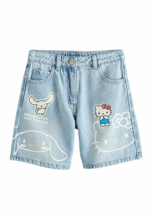 Svetlomodré riflové šortky s potlačou karikatúr Hello Kitty a priateľov v bielej, modrej a červenej farbe na predných vreckách a nohaviciach.