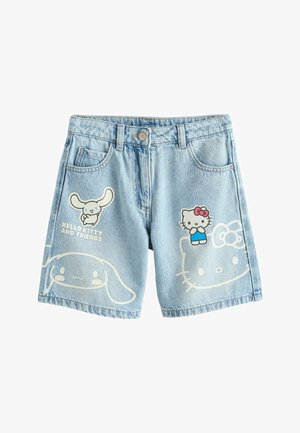 Lyseblå denimshorts med Hello Kitty og venner tegneserieprints i hvid, blå og rød på forlommerne og benene.