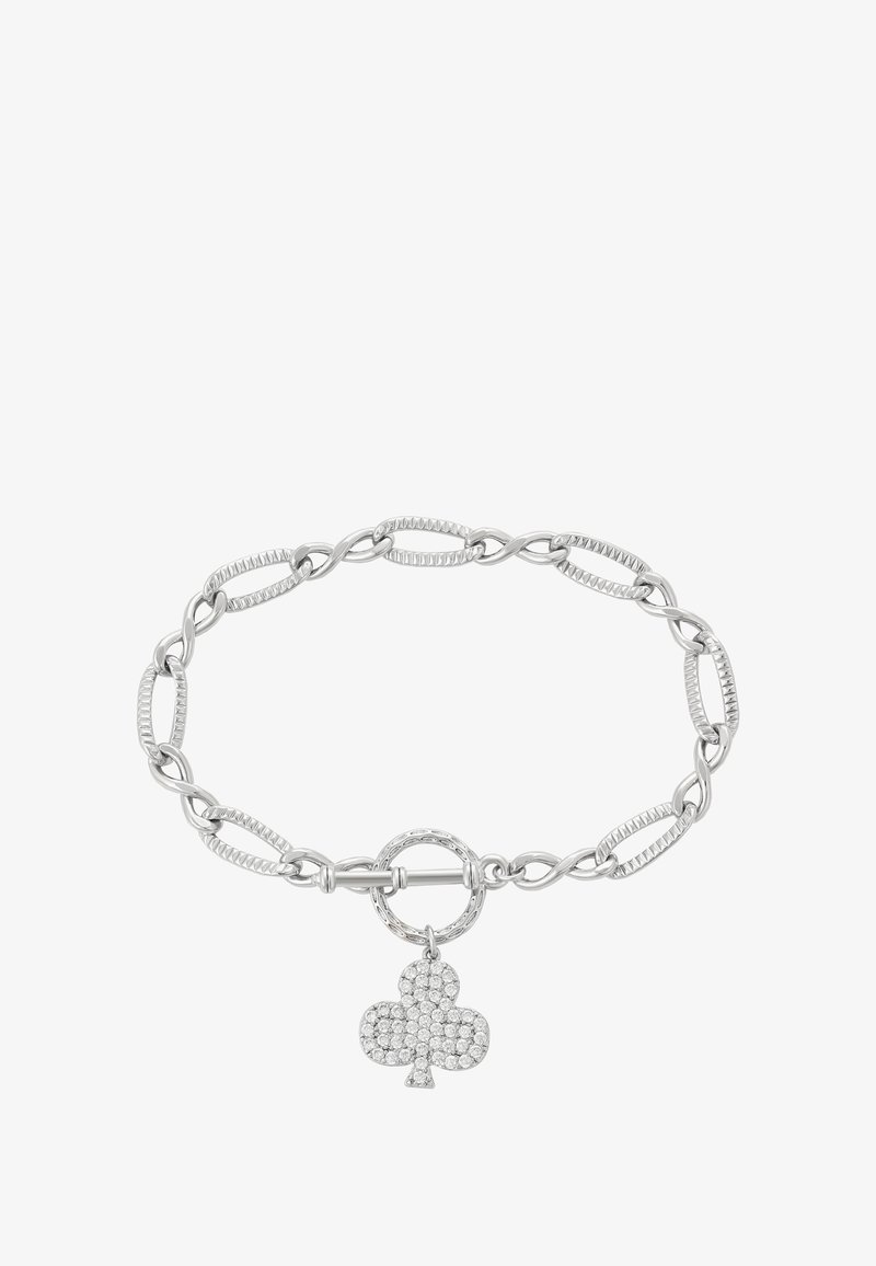 Sidabrinė grandinėlė su tekstūruotais ovaliais akmenimis ir užsegimu, papuošta žėrinčiu klubo formos žavesiu, padengtu mažomis kristalėmis.