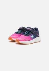 Purple and pink athletic shoes with mesh upper, adjustable strap, and rubber sole. Features blue laces and a kangaroo logo on the side.