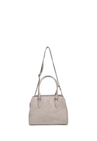 Sac à main en daim beige avec deux poignées courtes et une longue bandoulière réglable, doté d’une fermeture éclair sur le dessus.