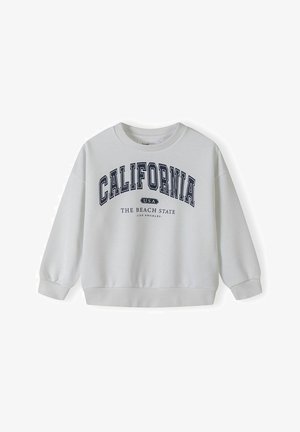 Fehér, pamut keverékből készült pulóver, sötétkék felirattal, amely így szól: "CALIFORNIA USA A TENGERPART ÁLLAM LOS ANGELES", bordázott mandzsettaakkal.