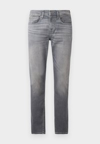 Grey denim jeans with a straight-leg fit, featuring a faded design, five pockets, and a standard waistband with a button closure.