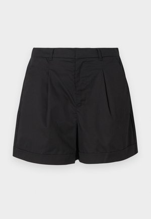 Mustad lühikesed püksid, mis on valmistatud kerge ja sileda kangaga. Esiosas on voltide omadus, kohandatud siluett ja volditud äär.