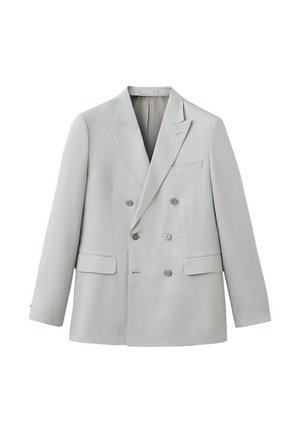 Blazer doppiopetto grigio chiaro con rever a intaglio, quattro bottoni anteriori, due tasche con patta e una tasca sul petto, mostrato disteso su sfondo bianco.