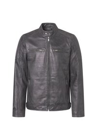 Svart läderjacka med hög krage, frontdragkedja, två bröstfickor med dragkedjor och sidofickor; slät textur, skräddarsydd passform.