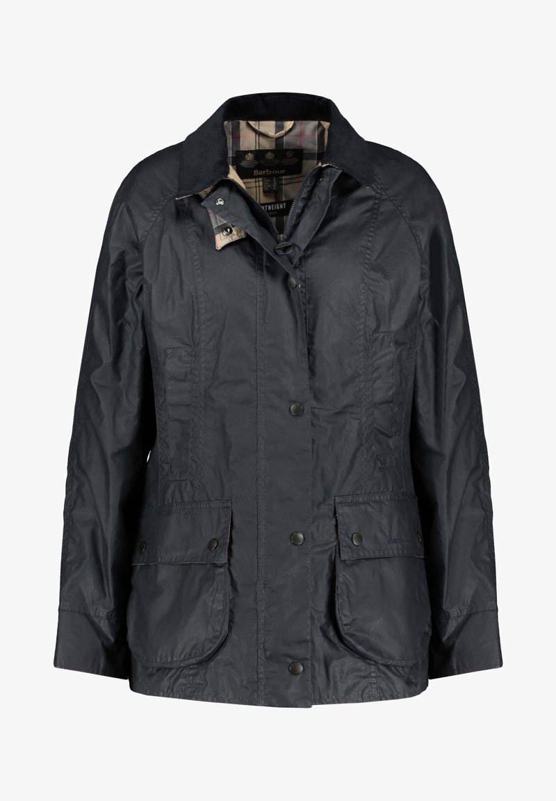 Marine lichtgewicht jack met een knoopsluiting aan de voorkant, twee voorzakken en een geruit binnenvoering. Heeft een zachte kraag en een gestructureerde stof.