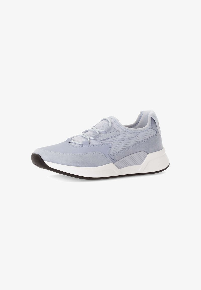 Light blue athletic shoe made of suede and mesh with a rounded toe, thick white sole, and textured accents on the side.