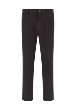 Pantaloni neri realizzati in tessuto morbido, caratterizzati da un design a gamba dritta, chiusura con bottone e passanti per cintura. Stile minimalista senza motivi.