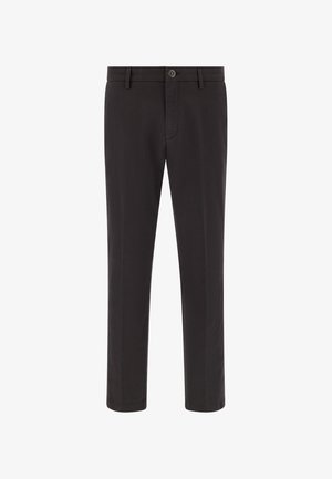 Schwarze Hose aus glattem Stoff, mit geradem Bein, Knopfverschluss und Gürtelschlaufen. Minimalistischer Stil ohne Muster.