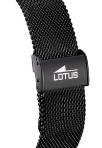Bracelet de montre en maille métallique noire avec fermoir réglable arborant un logo "LOTUS" en argent. Texture lisse et tissée, design élégant et matériau durable.
