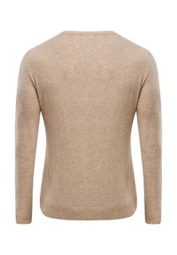 Maglione beige in lana con maniche lunghe e collo rotondo. La texture è morbida, con una finitura liscia e polsini e orlo a costine.