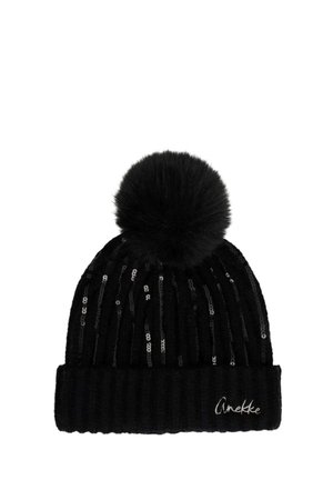 Berretto nero in maglia con paillettes nere verticali, sormontato da un grande pompon soffice e un piccolo logo "Anekke" bianco ricamato sul bordo.