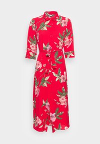 Robe boutonnée rouge avec motif floral en rose et vert, dotée d'une taille ceinturée, de manches trois-quarts et d'une longueur midi.