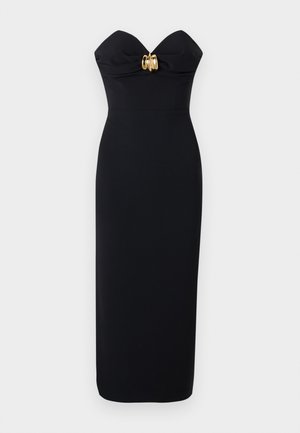 Black strapless midi dress with a fitted silhouette, featuring a twisted bodice detail and a gold hardware accent at the center.