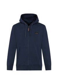Navy blue zip-up hoodie made from soft fabric, featuring a front pocket, drawstring hood, and a small branded patch on the chest.
