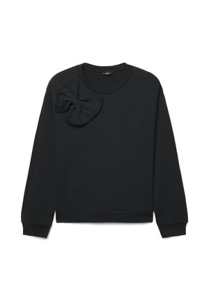 Felpa nera con scollo rotondo, maniche lunghe e un grande fiocco di tessuto sulla spalla sinistra. Texture liscia, design casual.