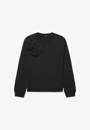 Sweatshirt noir à encolure ronde, manches longues, avec un grand nœud en tissu sur l'épaule gauche. Texture lisse, design décontracté.