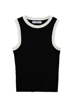 Černý top bez rukávů s texturovaným pleteným vzorem, zdobený bílými žebrovanými detaily na výstřihu a otvorech pro ruce. Klasický a přiléhavý střih.