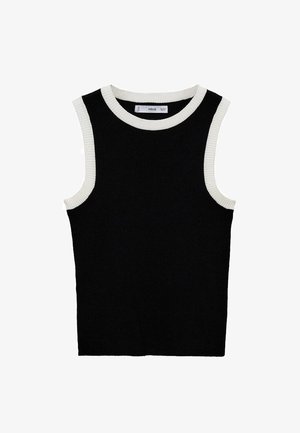 Černý top bez rukávů s texturovaným pleteným vzorem, zdobený bílými žebrovanými detaily na výstřihu a otvorech pro ruce. Klasický a přiléhavý střih.