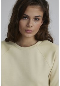 Lysegul sweatshirt med rund halsudskæring og raglanærmer, lavet af et blødt materiale med en glat overflade.