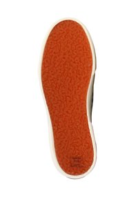 Suela de zapatilla blanca con una suela texturizada naranja. Presenta un borde superior liso y un leve grabado en el material naranja.