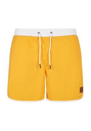 Gelbe Badeshorts mit einem weißen elastischen Bund und Kordelzug. Verfügt über einen strukturierten Stoff, einen weißen Saumabschluss und ein braunes Markenetikett.
