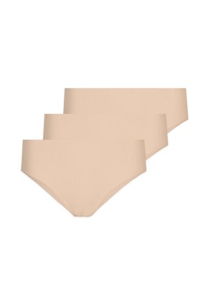 Beige seamless briefs, soft fabric, elastic waistband, low-rise design, showing three pairs stacked horizontally, with smooth texture.