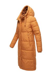 Lange, gewatteerde jas in warm oranje, met een capuchon, ritszakken en een gestructureerd ontwerp. Voorclosure met drukknoopjes. Waterdicht materiaal.