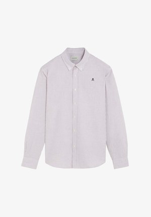 Chemise à manches longues boutonnée avec fines rayures verticales, col pointu et petit logo tête de mort sur la poitrine gauche.