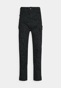 Svarta cargobyxor med ett subtilt blommönster, som har sidfickor, en knappstängning och rak bendesign. Tillverkade av slitstarkt tyg.
