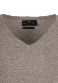 V-hals trui in licht beige wol. Kenmerkt zich door een geribbelde halslijn en heeft een zachte textuur met een subtiel spikkelpatroon. Label leest "Steppin' Out."