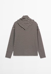 Sort-hvid, vandret stribet langærmet hættetrøje vist bagfra med afslappet pasform og fasthæftet hætte.