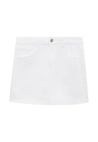 Jupe en denim blanc coupe droite, dotée de poches arrière, d'une fermeture à boutons à l'avant et de détails de couture minimalistes.