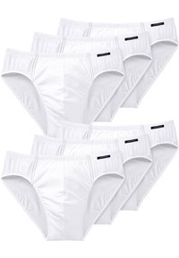 Slip in cotone bianco, confezione da sei, con vita elastica e cuciture a contrasto, texture liscia e design minimalista.