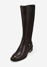 Botas de piel marrón hasta la rodilla con paneles elásticos, un tacón bajo y acentos de hardware en tono dorado en el costado. Textura suave.